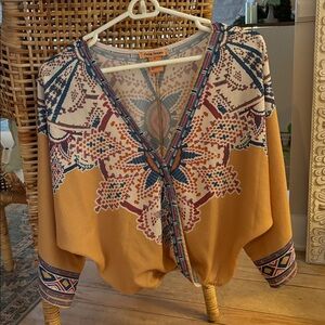 Flying Tomato Gold/Teal Aztec Print Faux Wrap Boho Blouse Size Small